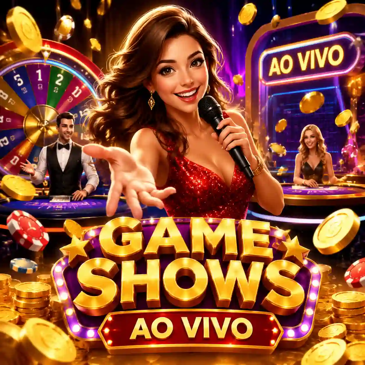 Game show ao vivo com apresentador e roda da fortuna no estúdio